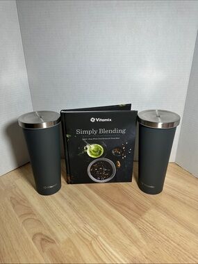 Two Vitamix 24 oz Stainless Steel Insulated Tumbler + Vitamix Recipe Book
